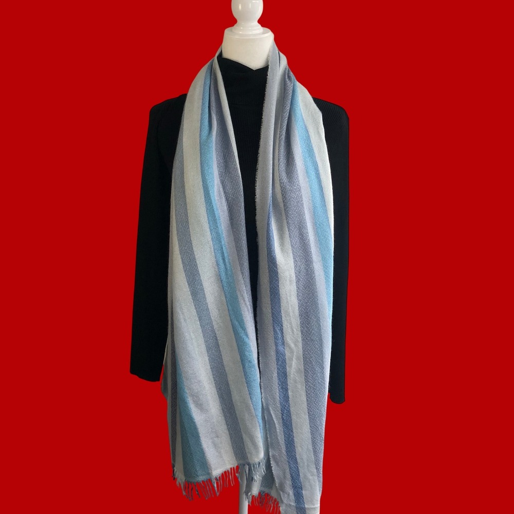 Mario Romano Made in Italy 100% Cashmere Light Blue Striped Winter Scarf Womens